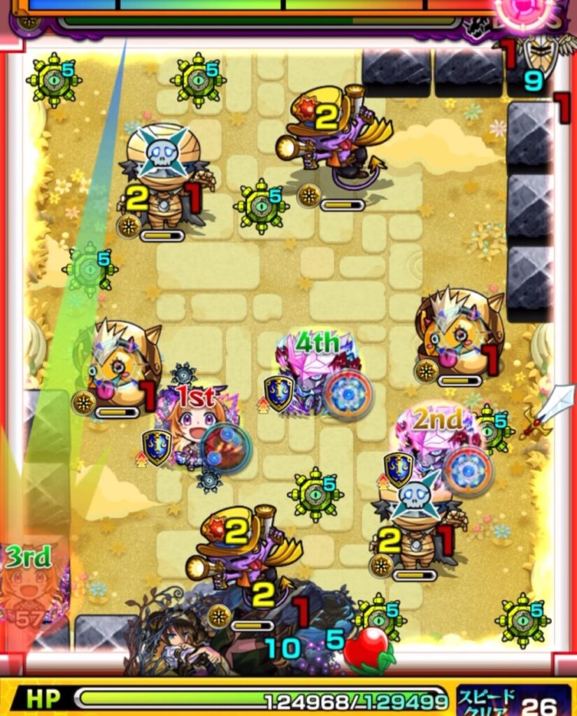 モンスト『天魔の孤城・空中庭園 第1の園』ボスステージ2の1手目。赤いパワーチェンジウォールで3面ふれし、ゾンビにダメージを与えながら、かちリンとガンマンを複数処理。直後にゾンビの蘇生でかちリンが2体復活した場面のスクリーンショット。