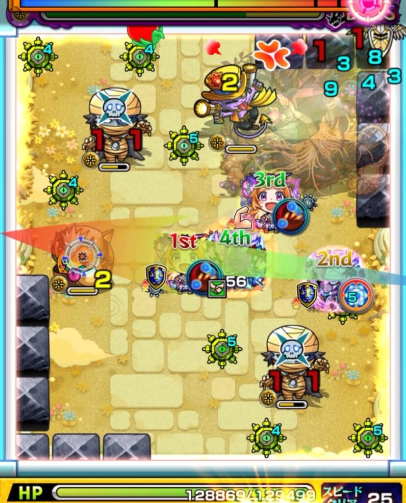 モンスト『天魔の孤城・空中庭園 第1の園』ボスステージ2の2手目。青いパワーチェンジウォールで2面ふれし、かちリン・ガンマン・ゾンビを狙って弾き、ゾンビとガンマンの処理には成功したものの、ゾンビの左数字で3体が同時蘇生して盤面が振り出しに戻った場面のスクリーンショット。