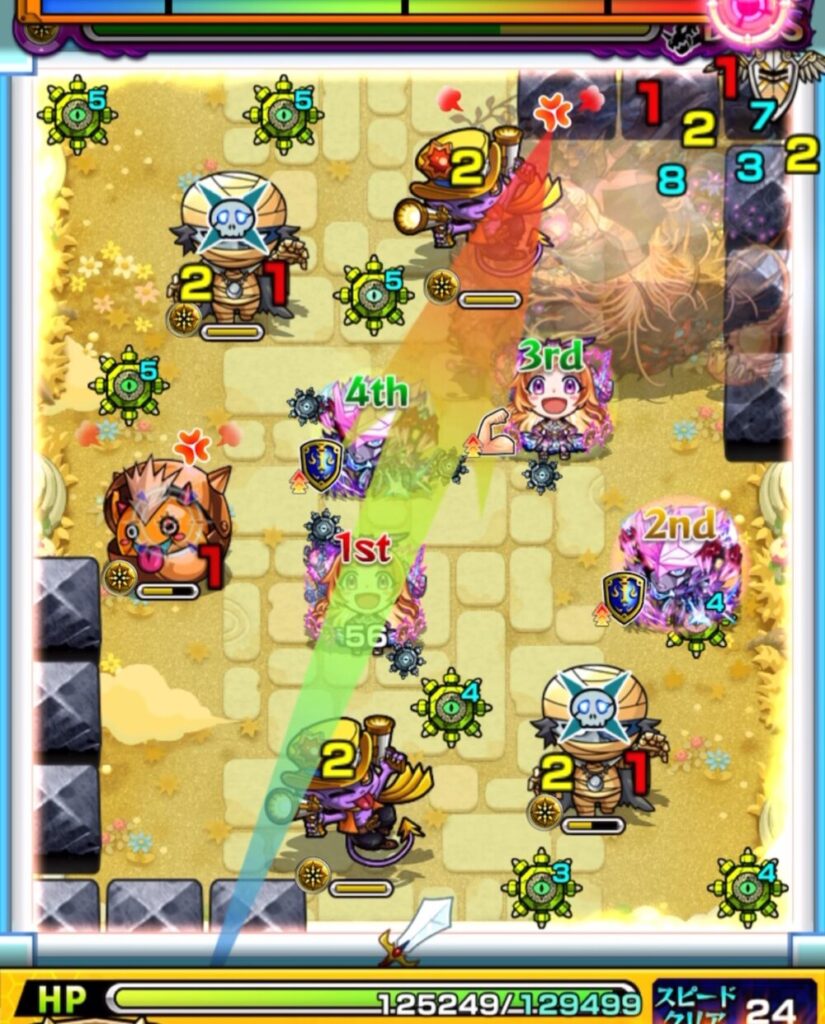 モンスト『天魔の孤城・空中庭園 第1の園』ボスステージ2の3手目。青いパワーチェンジウォールで3面ふれし、次ターンに暴れて雑魚処理ができるよう壁色を黄色へ調整した場面のスクリーンショット。
