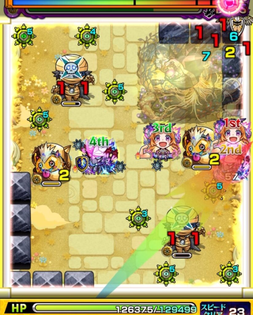 ンスト『天魔の孤城・空中庭園 第1の園』ボスステージ2の4手目。黄色いパワーチェンジウォールでパンドラの友情を使って雑魚一掃を狙うも、ゾンビとかちリンが残り、ゾンビの3体同時蘇生で盤面が振り出しに戻った場面のスクリーンショット。