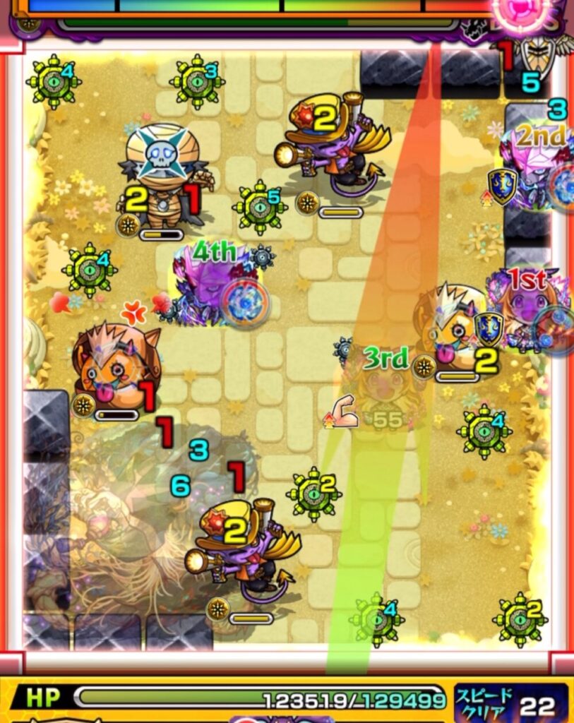 モンスト『天魔の孤城・空中庭園 第1の園』ボスステージ2の5手目。赤いパワーチェンジウォールでかちリンを経由しつつ3面ふれし、ゾンビの処理に成功。ドクロ発動でボスが実体化し、エビルインライトが出現した場面のスクリーンショット。