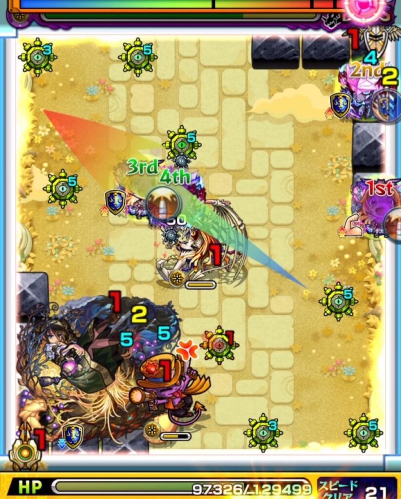 モンスト『天魔の孤城・空中庭園 第1の園』ボスステージ2の6手目。青いパワーチェンジウォールから4面ふれで赤壁へ調整を狙うも、ルートがずれてボスと壁のあいだに挟まり失敗した場面のスクリーンショット。