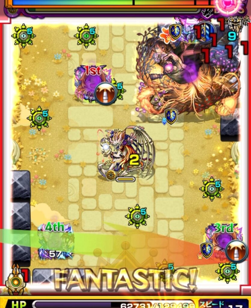 モンスト『天魔の孤城・空中庭園 第1の園』ボスステージ2の10手目。赤いパワーチェンジウォールで3面ふれし、パンドラの友情でボスにダメージを与えてステージを突破した場面のスクリーンショット。