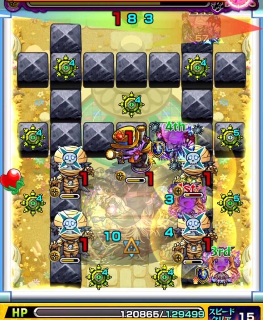 モンスト『天魔の孤城・空中庭園 第1の園』ボスステージ3の2手目。青いパワーチェンジウォールで2面ふれし、攻撃力を上げながらゾンビにダメージを与えた場面のスクリーンショット。