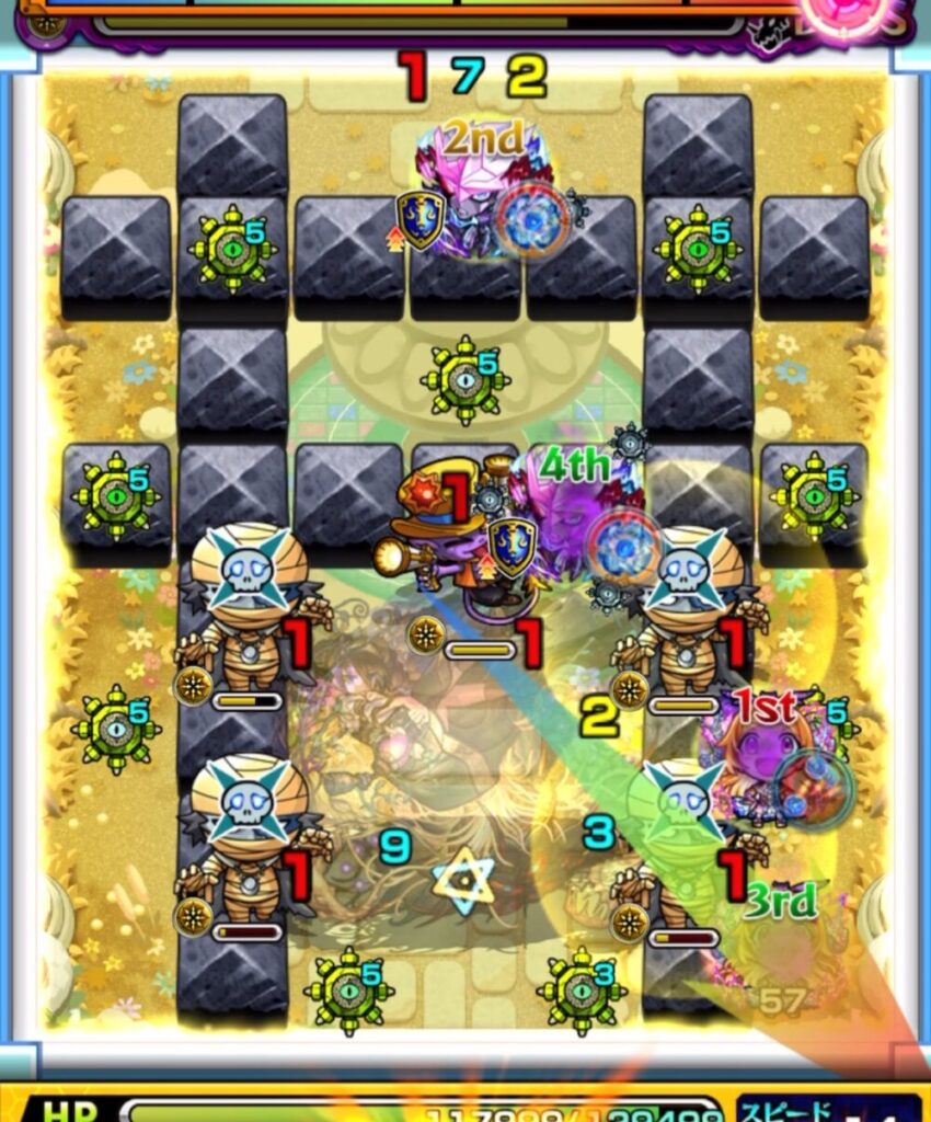 モンスト『天魔の孤城・空中庭園 第1の園』ボスステージ3の3手目。青壁状態から右下の角で2面ふれし、LBゾンビの相互蘇生ペアの間を狙うも弾かれつつ、友情と加速で同時処理に成功した場面のスクリーンショット。