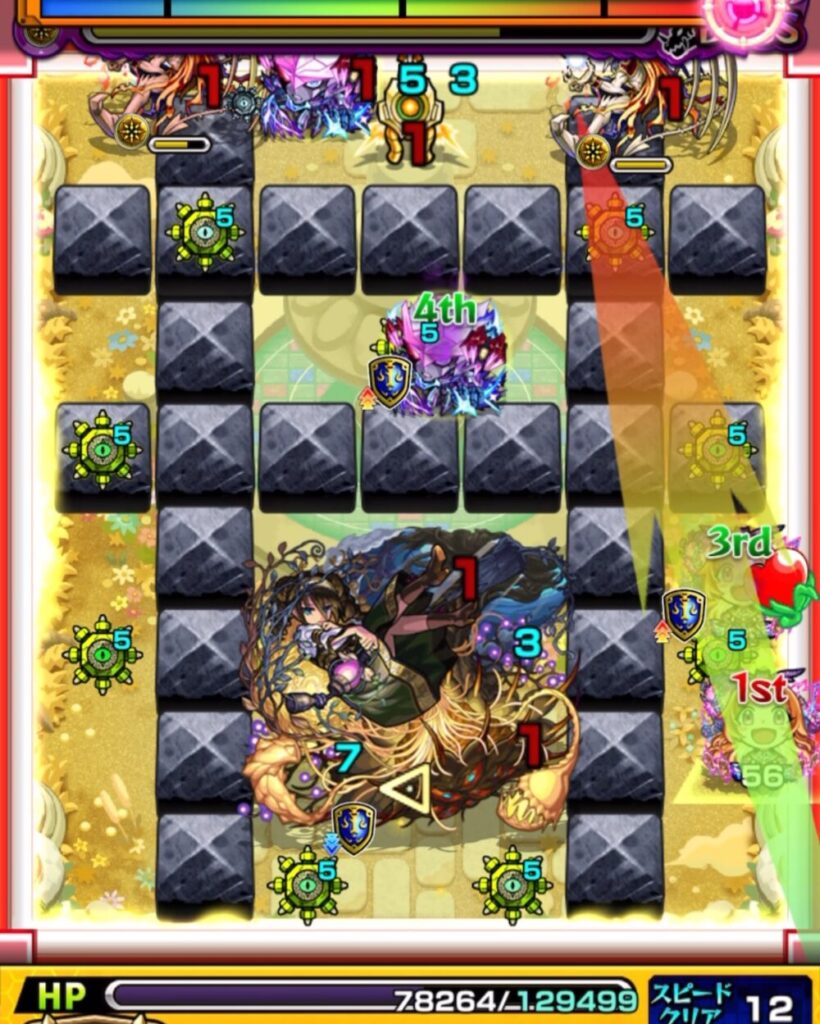 モンスト『天魔の孤城・空中庭園 第1の園』ボスステージ3の5手目。赤壁状態からエビルインライトを2体処理し、3面ふれ＋パンドラの友情でボスに大ダメージを与えた場面のスクリーンショット。