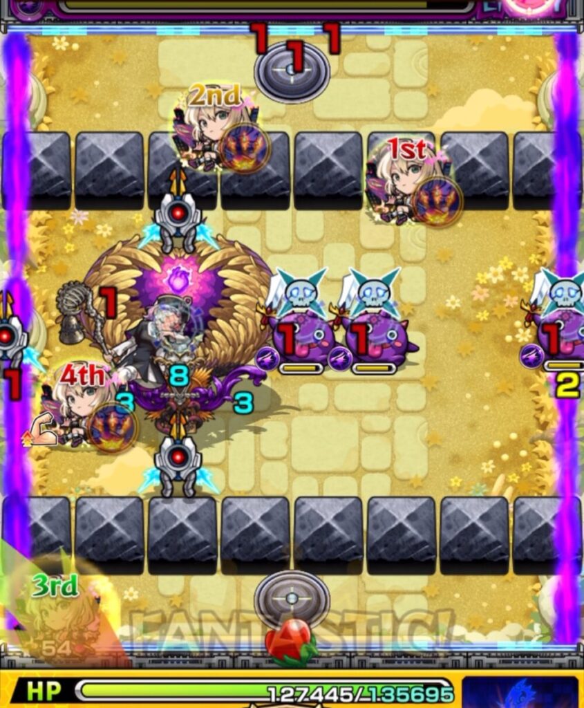 ステージ2・1手目、剣リンで攻撃力を上げた後に中ボスとビットンの間へ挟まり、中ボスを撃破してステージ2突破した場面のスクリーンショット。