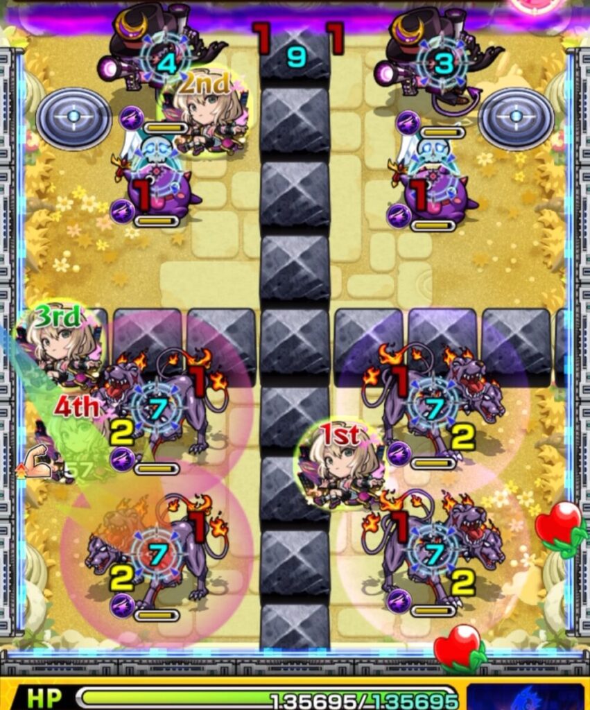 「ステージ3の1手目、LBケルベロスの間に挟まって相互蘇生ペアを同時処理に成功したシーンのスクリーンショット