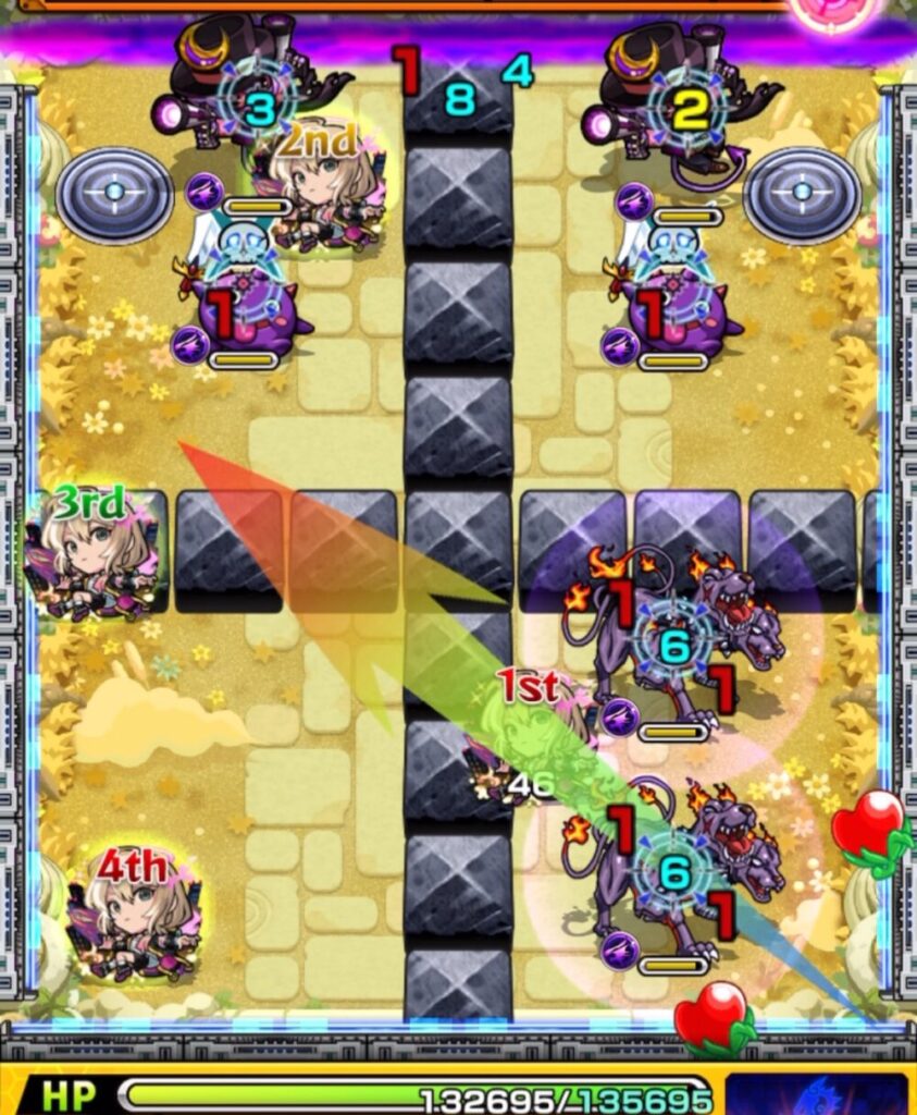 ステージ3の2手目、ガンマンと剣リンのあいだに挟まり、ガンマン処理とケルベロスペアの同時処理に成功した場面のスクリーンショット