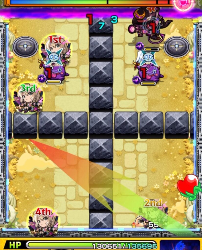 ステージ3・3手目、左上のガンマンと剣リンのあいだに挟まり、ガンマン撃破とケルベロス相互蘇生ペアの同時処理に成功した場面のスクリーンショット