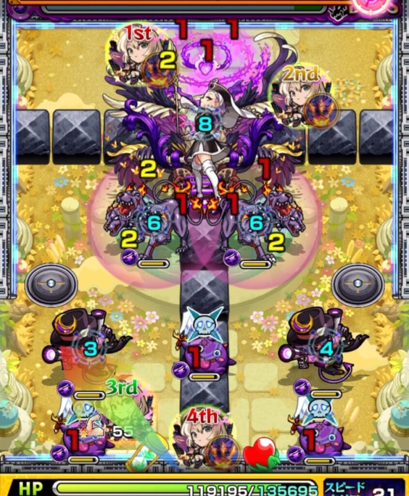 ボスステージ1の1手目、ガンマンと剣リンのあいだに挟まって左下のガンマンを処理した場面のスクリーンショット