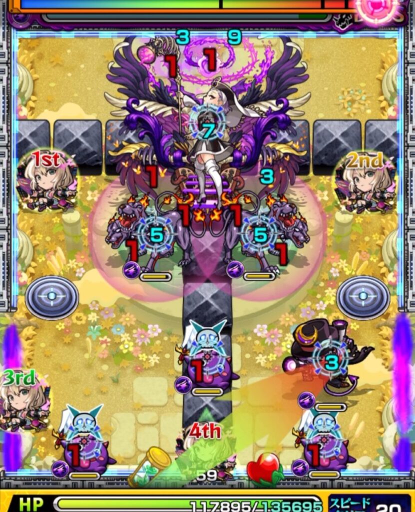 ボスステージ1の2手目、ガンマンと壁のあいだに挟まり、残りのガンマンを処理することに成功した場面のスクリーンショット