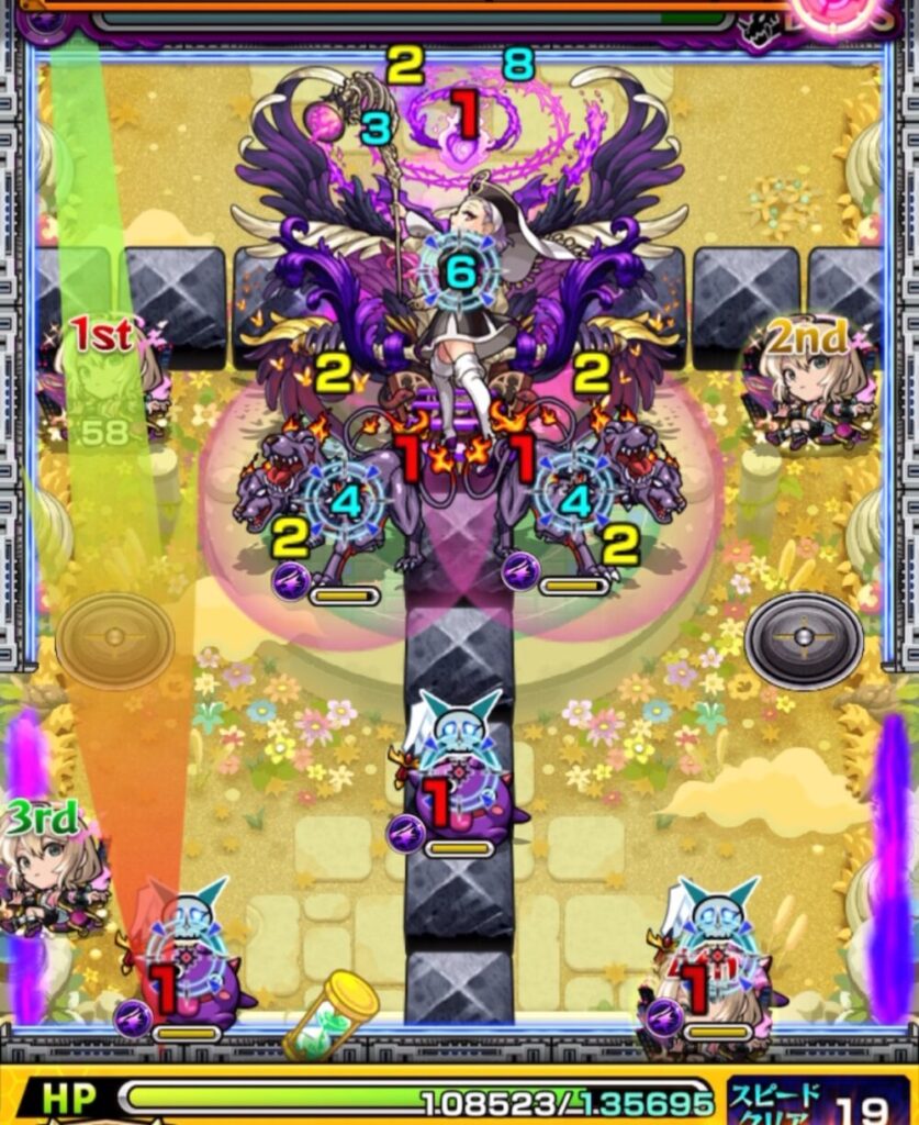 ボスステージ1・3手目、剣リン経由で攻撃力を上げつつボスと上壁の間に挟まりを狙うも、軌道がずれて挟まりに失敗した場面のスクリーンショット