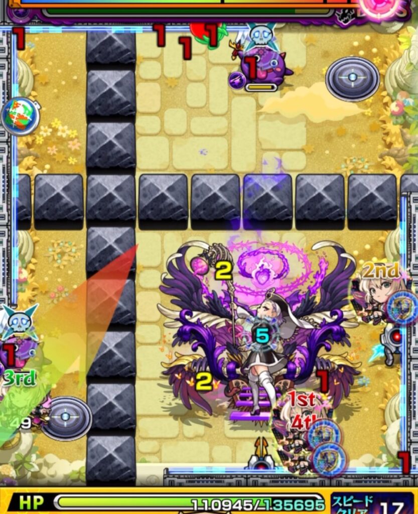 ボスステージ2の1手目。剣リンに触れて攻撃力を上げつつボスを攻撃したが、剣リンを2体倒してしまいクロスドクロが発動。約2万の落雷ダメージを受けた場面のスクリーンショット。