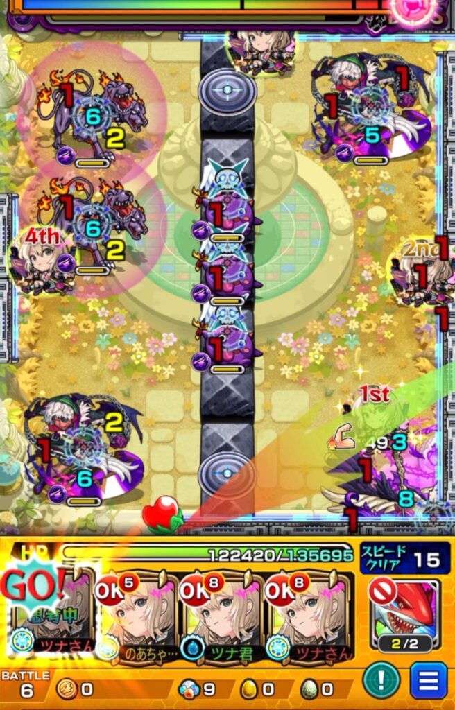 天魔の孤城 空中庭園 第2の園・ボス3の1手目。SSを使ってアマイモンの処理を狙うが撃破できず、剣リンを3体倒してしまいクロスドクロ発動で約6万の落雷ダメージを受けた場面のスクショ。