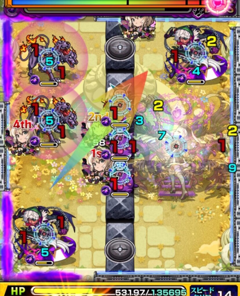 剣リンを経由して攻撃力を上げた後、ケルベロスの相互蘇生ペアのあいだに挟まり同時処理に成功している場面のスクリーンショット