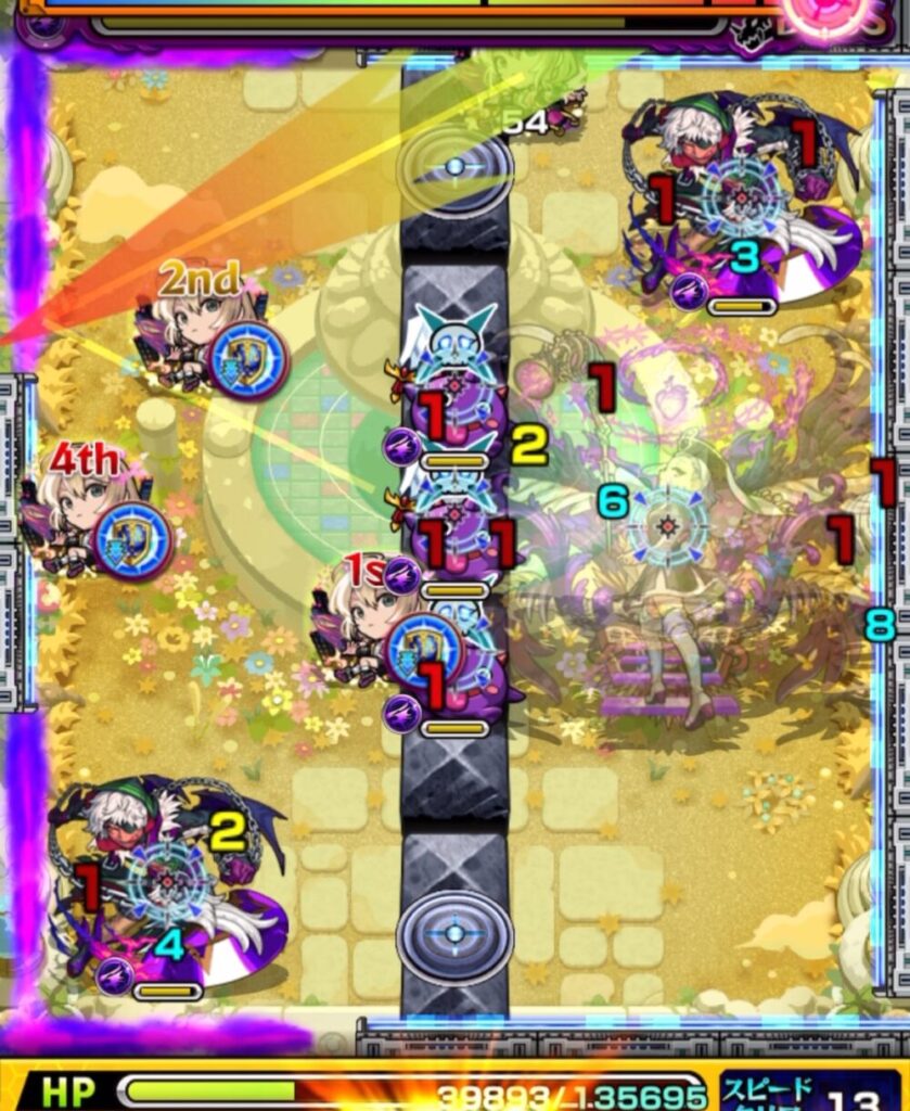 ボスステージ3の3手目で、剣リンに触れて攻撃力を上げながらアマイモン2体の同時処理に成功し、全処理によってボスが実体化した場面のスクリーンショット