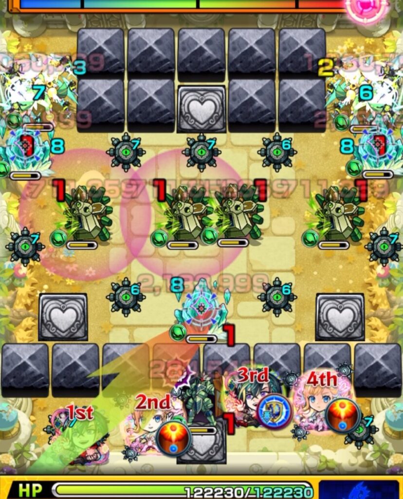 ステージ1の初手でクリスタルと聖騎士の間に挟まって聖騎士を撃破し、ドクロ効果でハートパネルが展開する様子