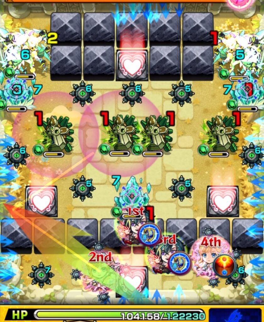 メビウスのガイド表示を利用し、LBホミ吸と通常ホミ吸の相互蘇生ペアの間に挟まって同時処理するシーン