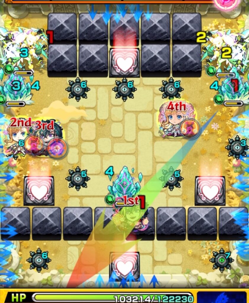 ステージ1・5手目。2壁反射から右上のクィーンハーチェルの間に入り込み、反射を経て挟まって処理に成功した場面のスクリーンショット。