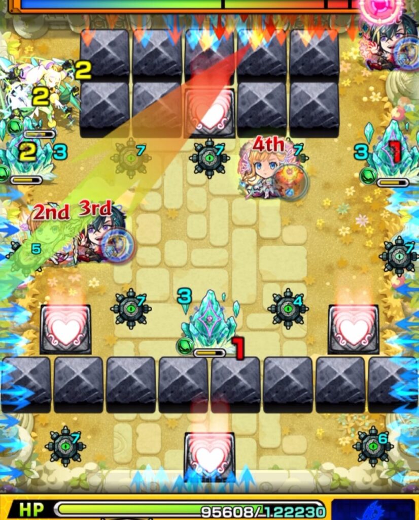 左上のクィーンハーチェルへの挟まりを狙うが角度が合わず、処理に失敗した場面のスクショ