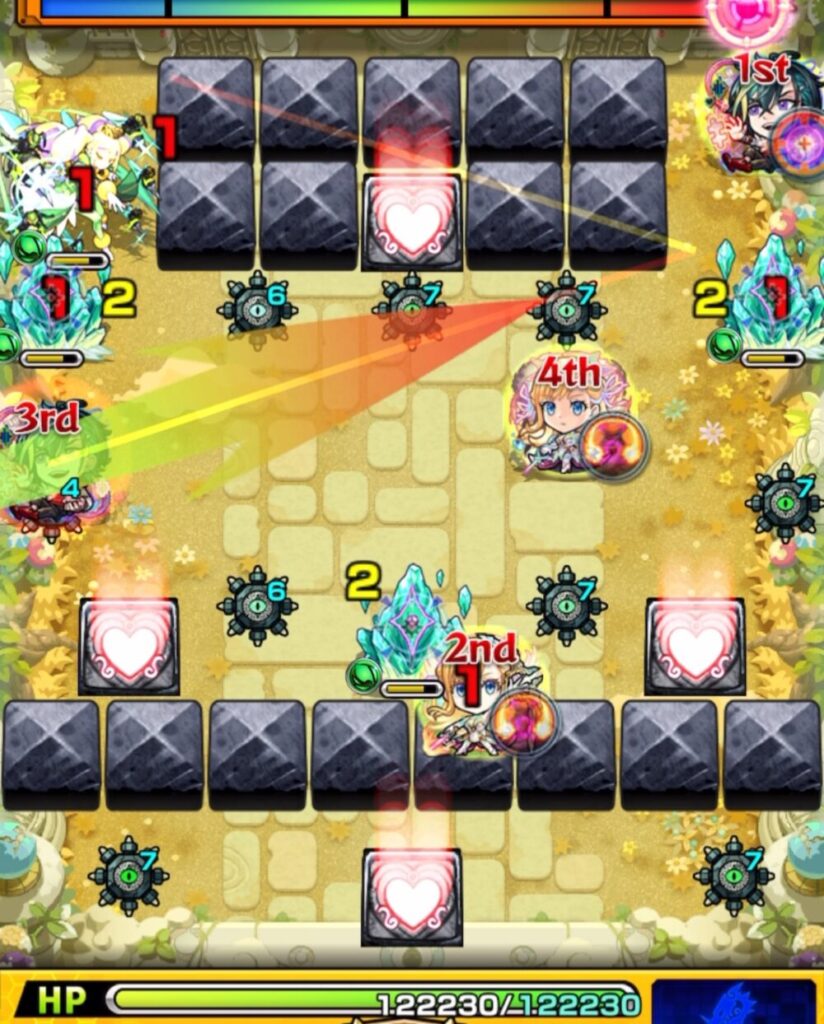 クィーンハーチェルと壁のあいだに挟まり、メビウスのガイドを活かして確実に処理し、ステージ1を突破した瞬間のプレイ画面