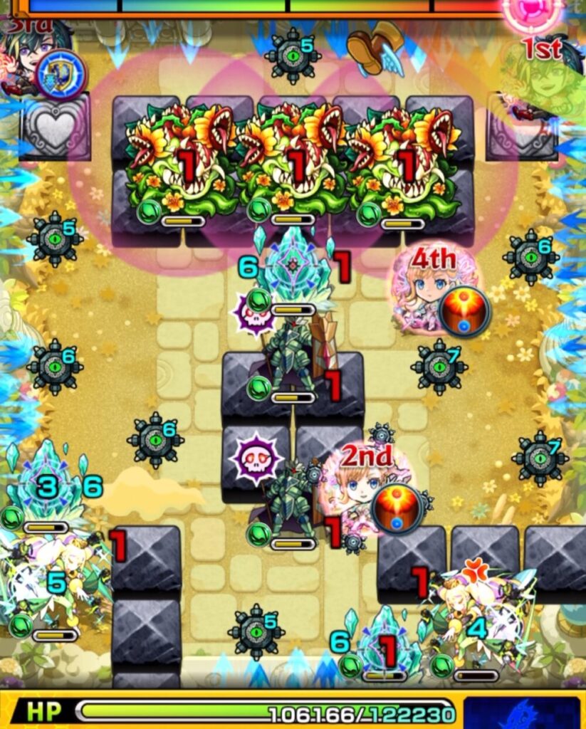 聖騎士へ挟まって同時処理し、ドクロ効果でハートパネルが展開した場面のスクショ