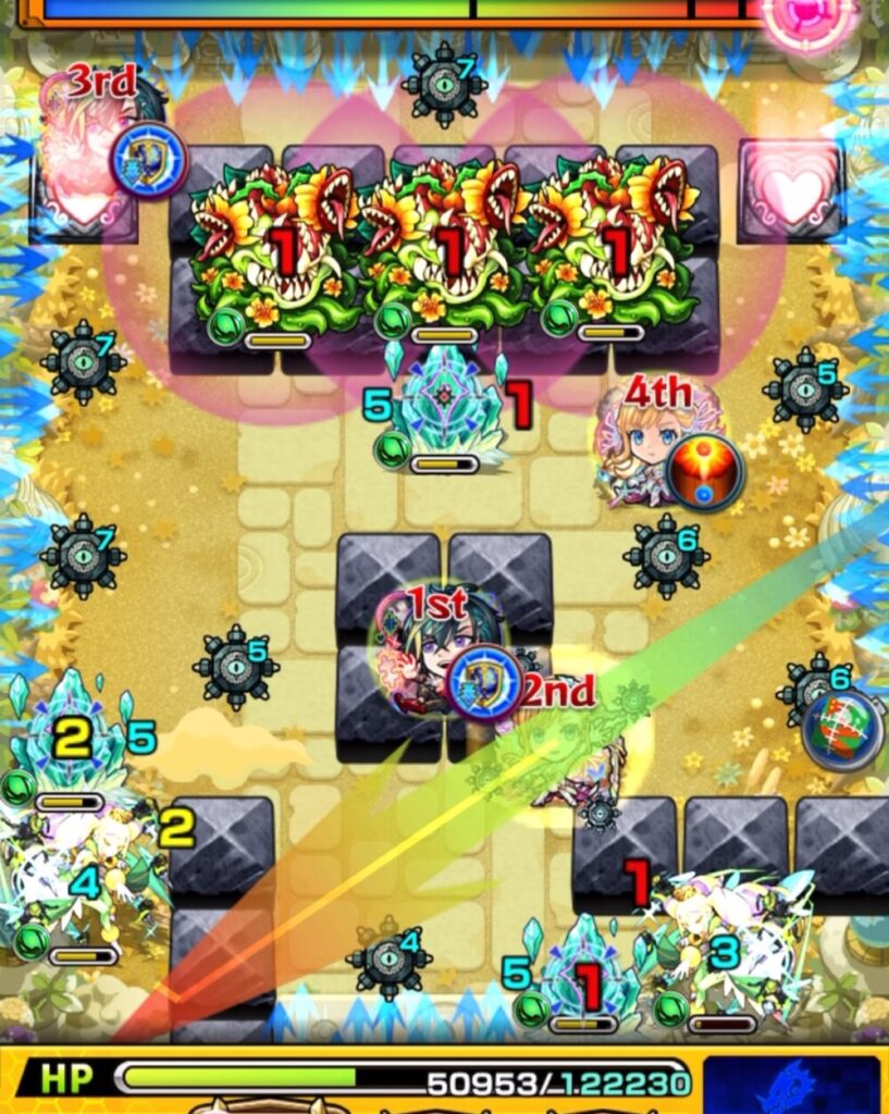 ステージ2・3手目の動き。左下のクィーンハーチェルと壁のあいだに挟まりを狙うが、弾かれて処理に失敗した場面のスクリーンショット