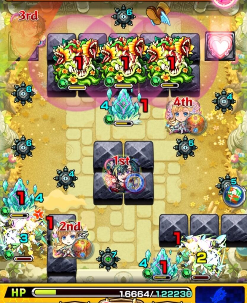 ハートパネルで回復しつつドリアード3体の同時処理に成功した4手目のスクショ(HP16,664 → 回復)