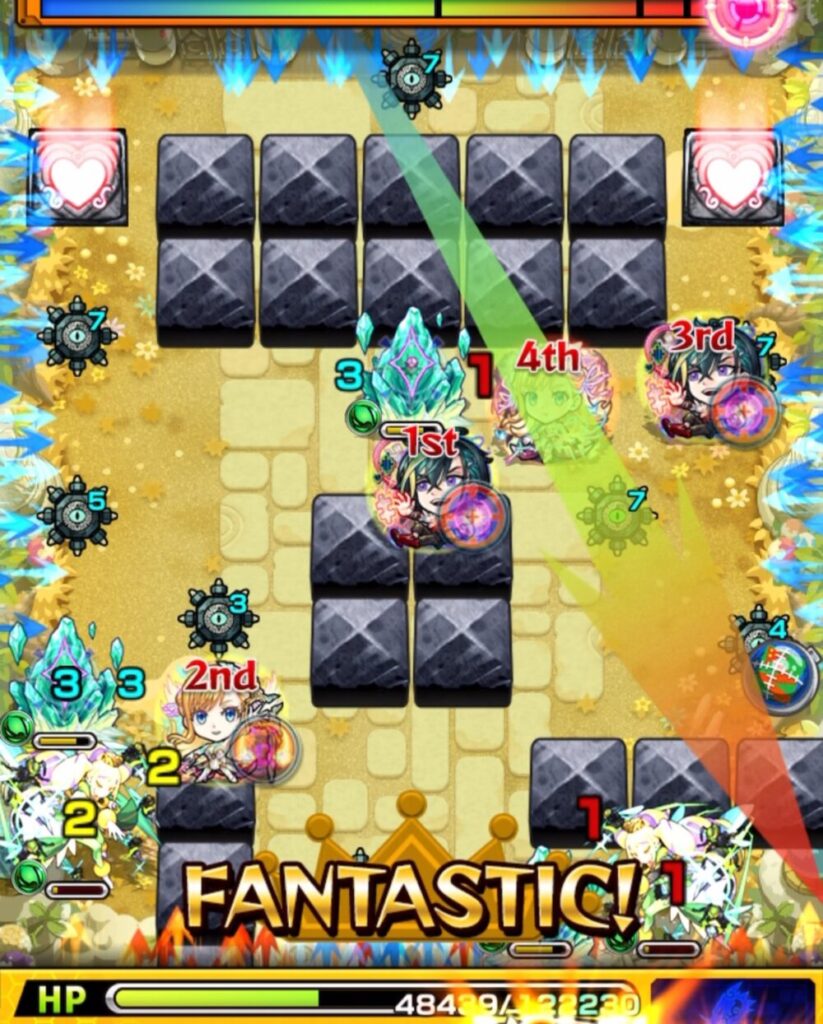 ステージ2・右下のクィーンハーチェルの全滅攻撃が迫る状況で、挟まりは失敗したものの、メビウスの加速壁により追撃してギリギリ処理に成功した瞬間のスクリーンショット