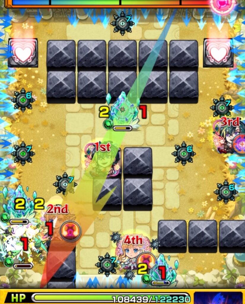 ステージ2の最終手番。クィーンハーチェルと壁のあいだに挟まって処理し、ステージ2を突破した場面のスクリーンショット