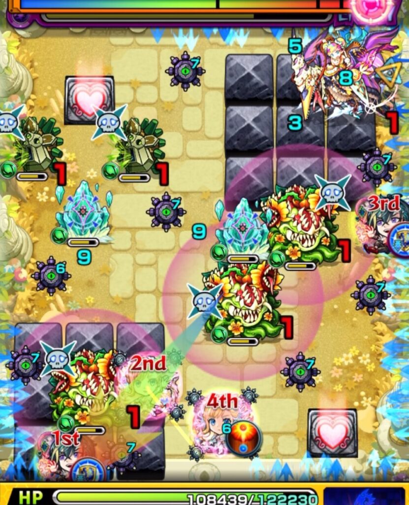 ステージ3の1手目。ホミ吸とドリアードの相互蘇生に対応するため、ドリアードのバリアを破壊しつつ複数体へ攻撃し、2体のドリアード処理に成功した場面のスクリーンショット。