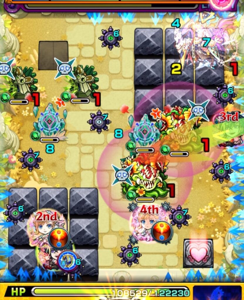 ステージ3・2手目。ドリアードのバリアを破壊しながら、直殴りと友情で同時処理を決めたシーン。複数のドリアード撃破に成功した場面。