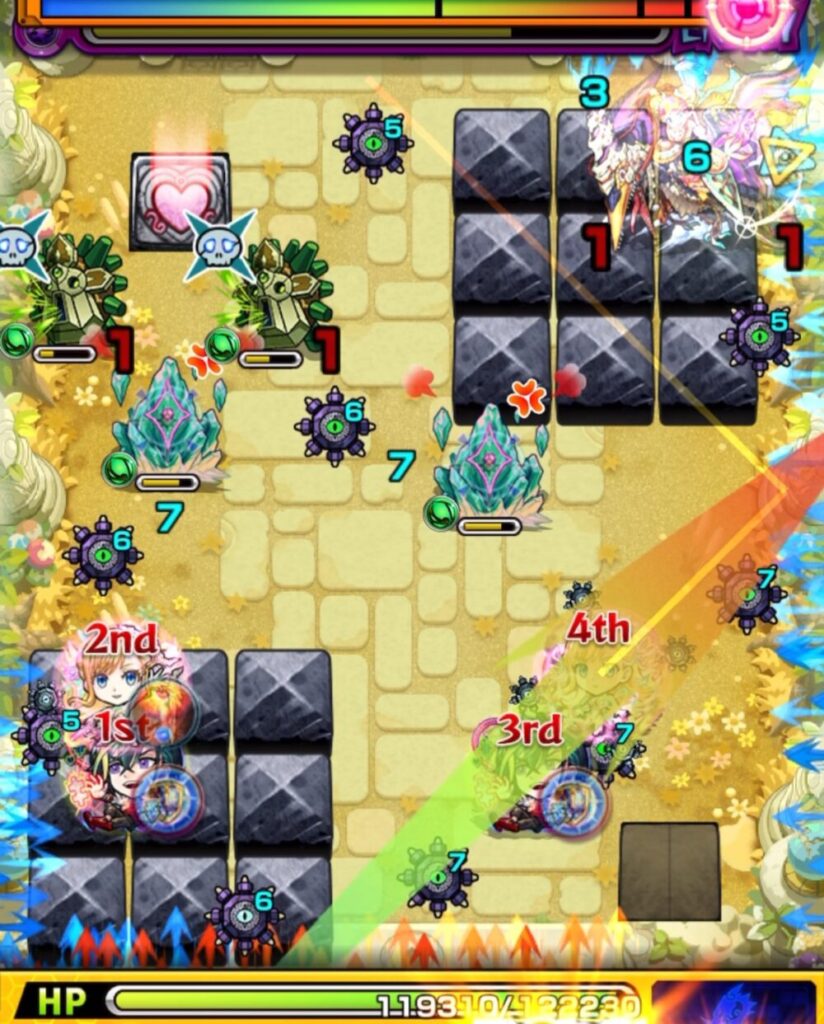 ステージ3・3手目のプレイ画面。ホミ吸ペアの間に挟まることはできなかったが、殴りと友情コンボで同時処理に成功し、クロスドクロ発動で中ボスが実体化した様子。