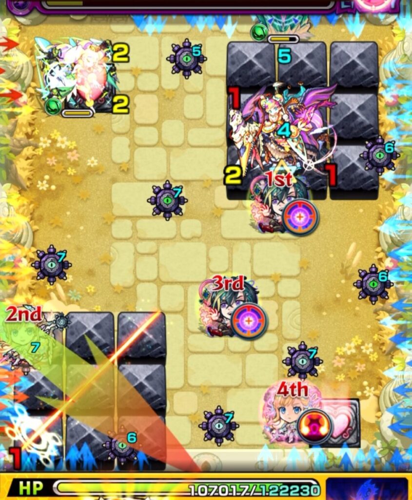 ステージ3の4手目。防御ダウンセンサーを踏んで中ボスのバリアを破壊し、殴りと友情で撃破した場面。