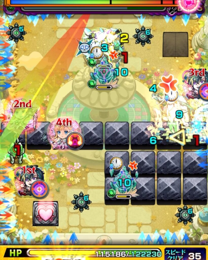 ボスステージ1の3手目。クィーンハーチェルと壁のあいだに正確に挟まって処理し、クロスドクロ発動でセンサー出現とボス実体化が起きた場面のスクショ