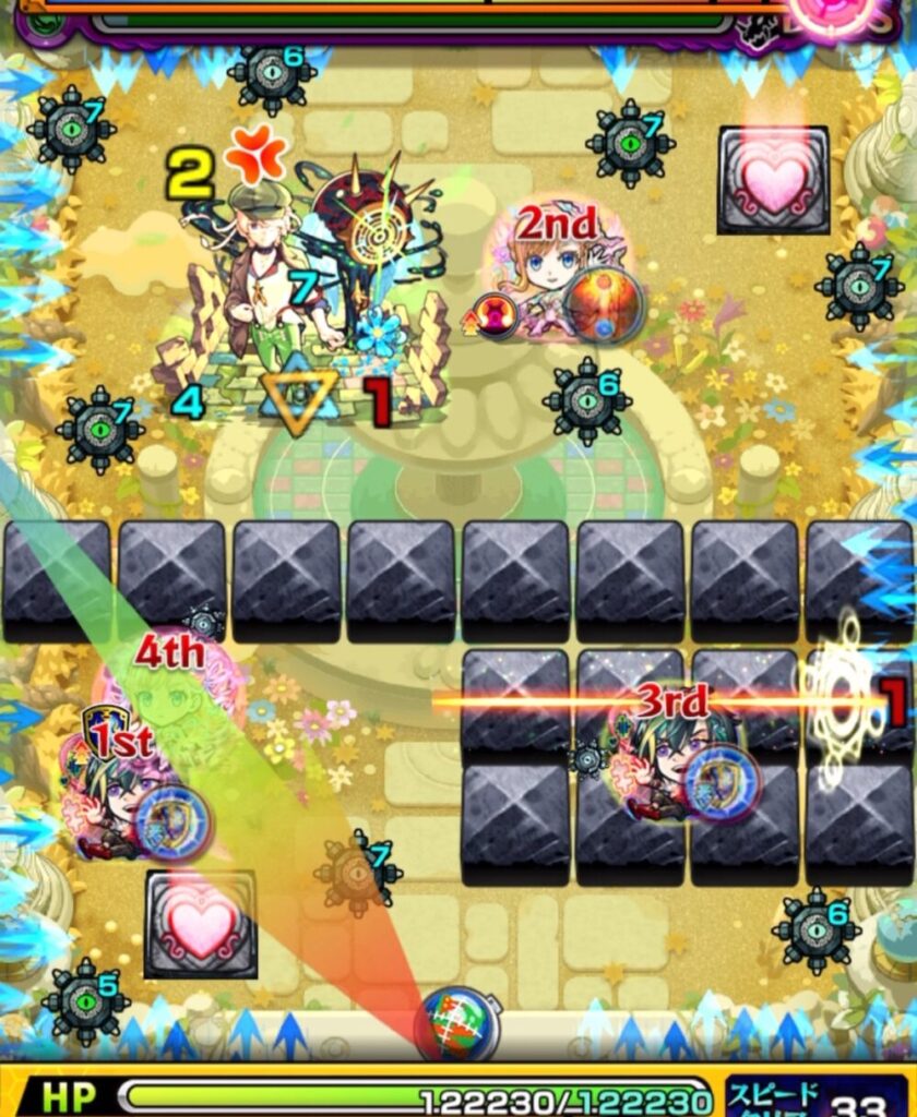 ボスステージ1の終盤、キャラが防御ダウンセンサーに触れてボスのバリアを破壊し、防御ダウン状態にしたうえで直殴りと友情コンボで残りHPを削り切り、ステージ突破に成功した場面のスクリーンショット。