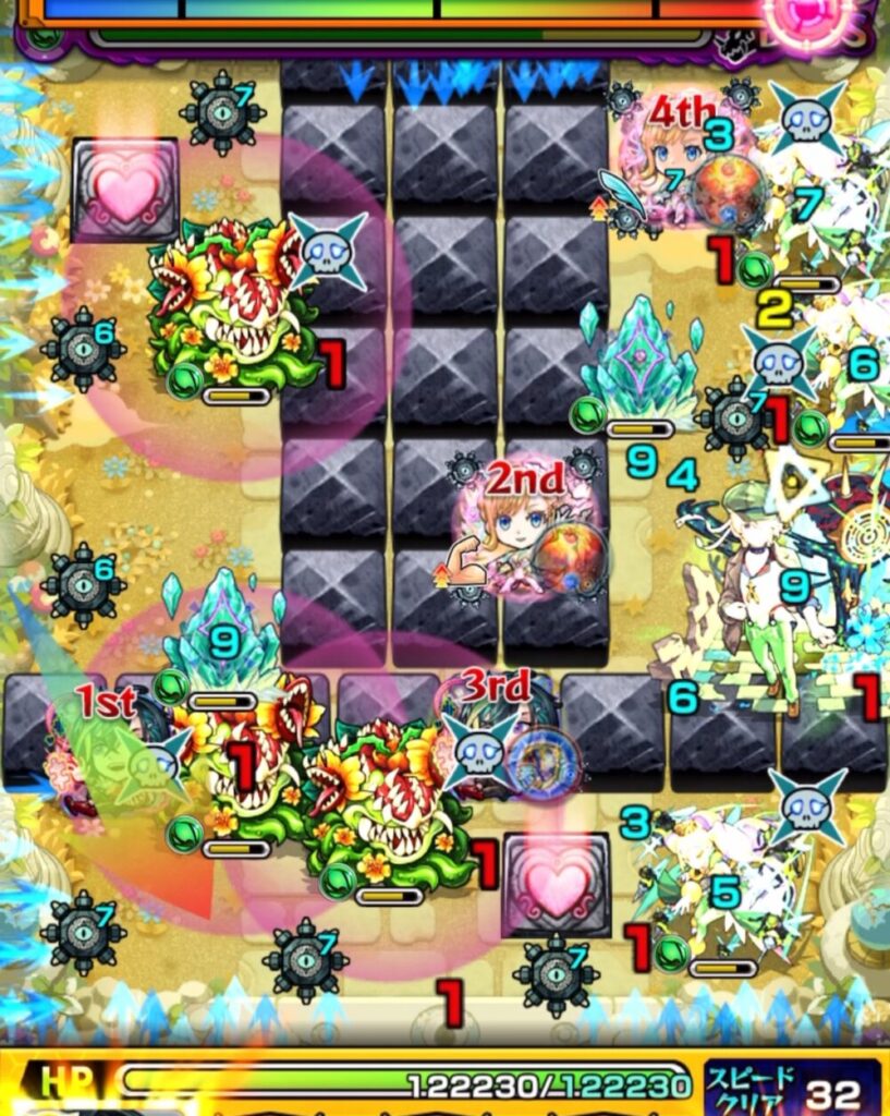 ボスステージ2・1手目、ドリアード3体のバリアを破壊しつつ殴りと友情で同時処理に成功し、クィーンハーチェル1体も倒して盤面を大きく整理した場面のスクリーンショット