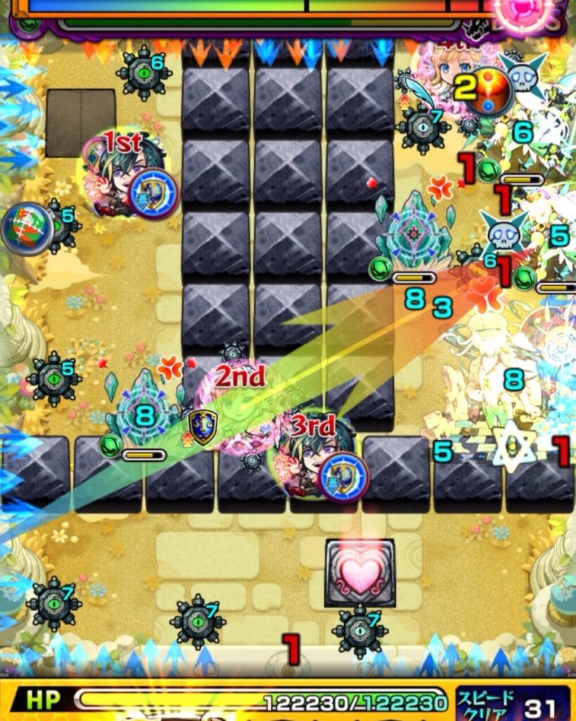 ボスステージ1・2手目で、クリスタルとクィーンハーチェルのあいだに挟まってクィーンハーチェルの処理に成功した場面のスクショ