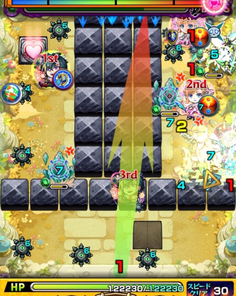 ボスステージ2・3手目。壁とクリスタルを経由してクィーンハーチェルと壁の間に挟まり処理した場面。処理成功によりクロスドクロが発動し、防御ダウンセンサーが出現、ボスが実体化して上部へ移動した状況を示すスクリーンショット。