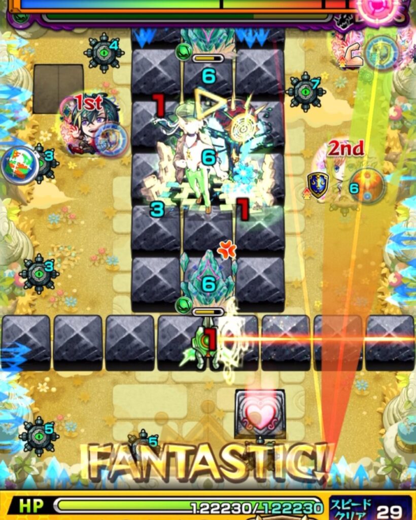 天魔の孤城・第9の園、ボスステージ2の4手目。防御ダウンセンサーに触れた後、下壁反射でボスとクリスタルの間に挟まり大ダメージを与えている場面のスクリーンショット。