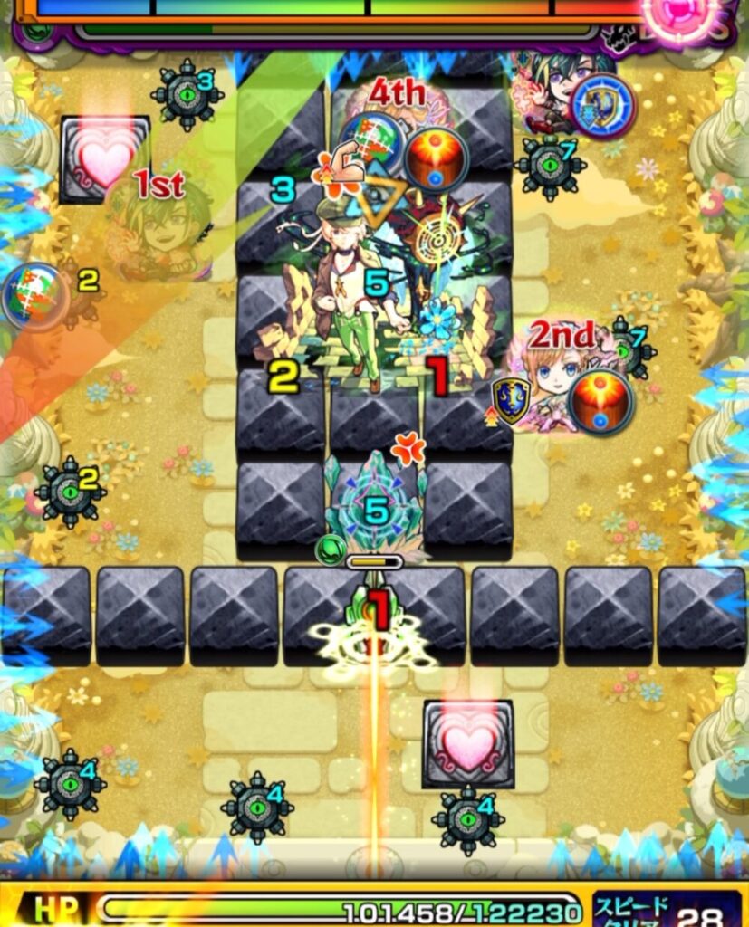 防御ダウンセンサーに触れてボスの防御を下げ、クリスタルとの隙間に入り込んで殴りと友情でボスのHPを削り切ったシーンのスクリーンショット