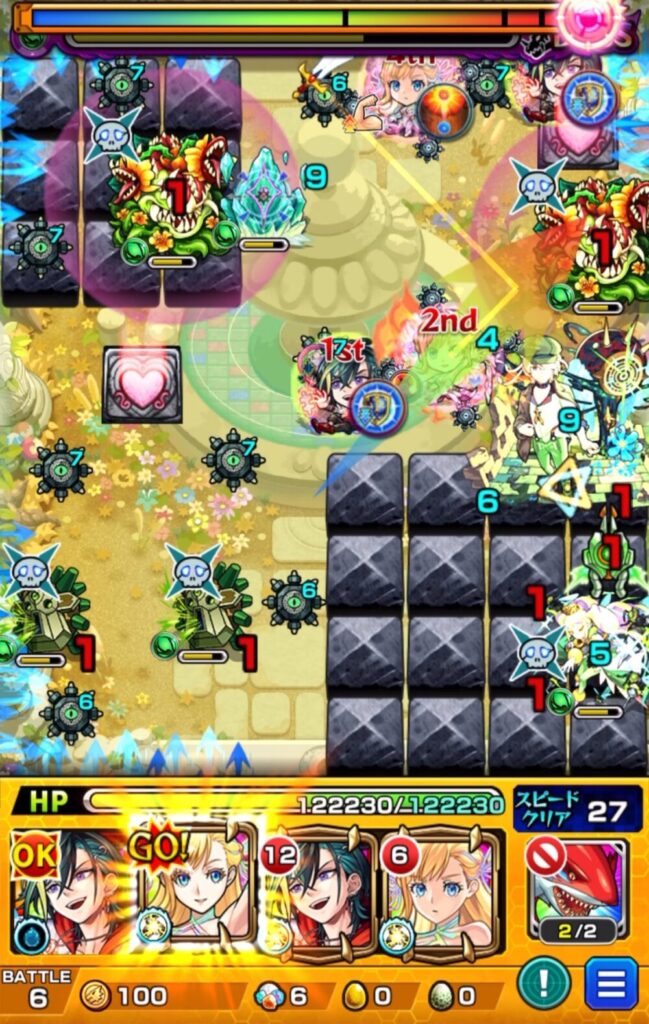 ボスステージ3開幕、マナのSSでドリアード・ホミ吸・クィーンハーチェルを同時処理し、クロスドクロ発動でボスが右下へ移動。防御ダウンセンサーが出現した場面のスクリーンショット