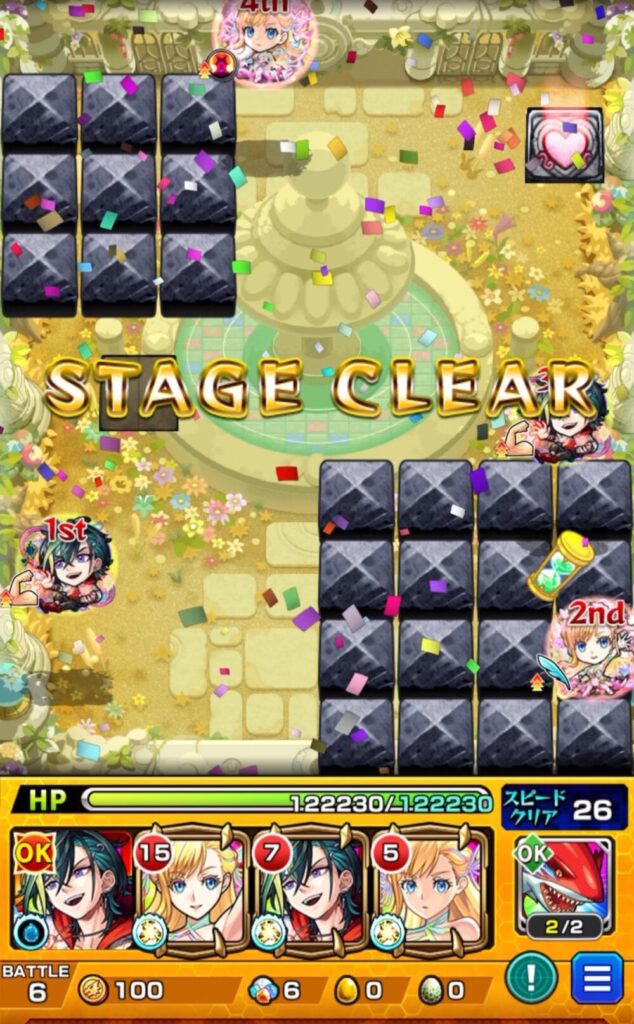 天魔の孤城 空中庭園 第9の園をメビウス×マナ編成でクリアした場面。ステージクリアの文字が表示され、残HP1,222,30の状態で4体のキャラが並んでいるフィニッシュ画面。