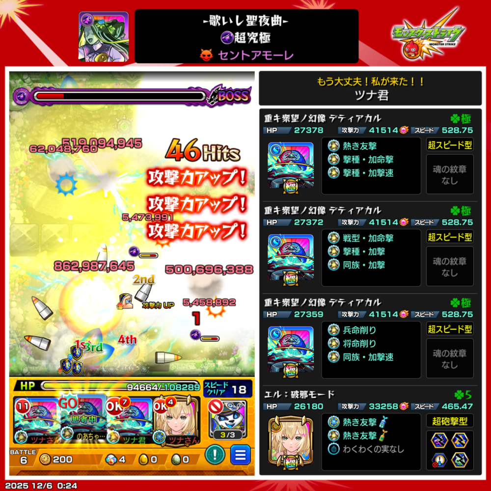 超究極・セントアモーレ(歌いし聖夜曲)をデティアカル3体+エル(破邪モード)編成で攻略し、弱点攻撃と攻撃力アップ効果でボス最終ゲージを大きく削ったクリア直前のプレイ画面。大ダメージ表示と48Hitsの攻撃演出が映っているスクリーンショット。