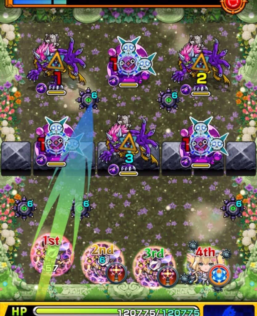 超究極・セントアモーレのステージ1で、1手目にぷよリン3体の同時処理を狙ったが、右側のぷよリンが1体残った場面のスクリーンショット。クロスドクロ発動による防御ダウンバブルが重要となる局面。