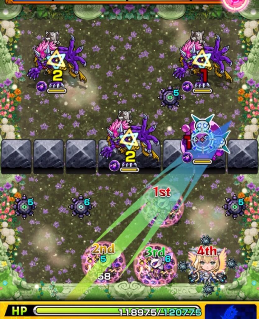 超究極・セントアモーレのステージ1・2手目で、残っていたぷよリンを処理し、クロスドクロ発動によって下と右の鬼が防御ダウンした場面のスクリーンショット。