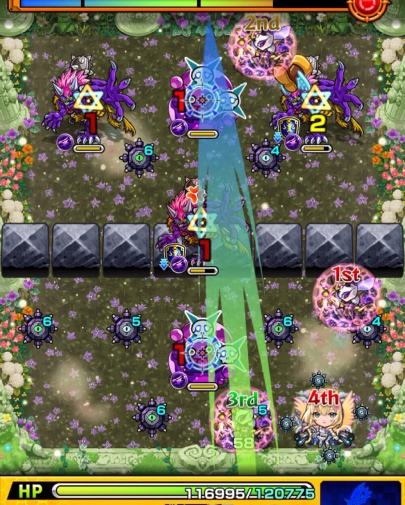 超究極・セントアモーレのステージ1で、3手目に鬼とぷよリン2体をまとめて処理し、上側の鬼の防御ダウンを狙って動いた場面のスクリーンショット。