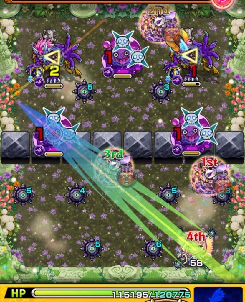 超究極・セントアモーレのステージ1で、4手目に防御ダウン中の鬼2体の弱点を攻撃し、両方を撃破してステージ1を突破した場面のスクリーンショット。