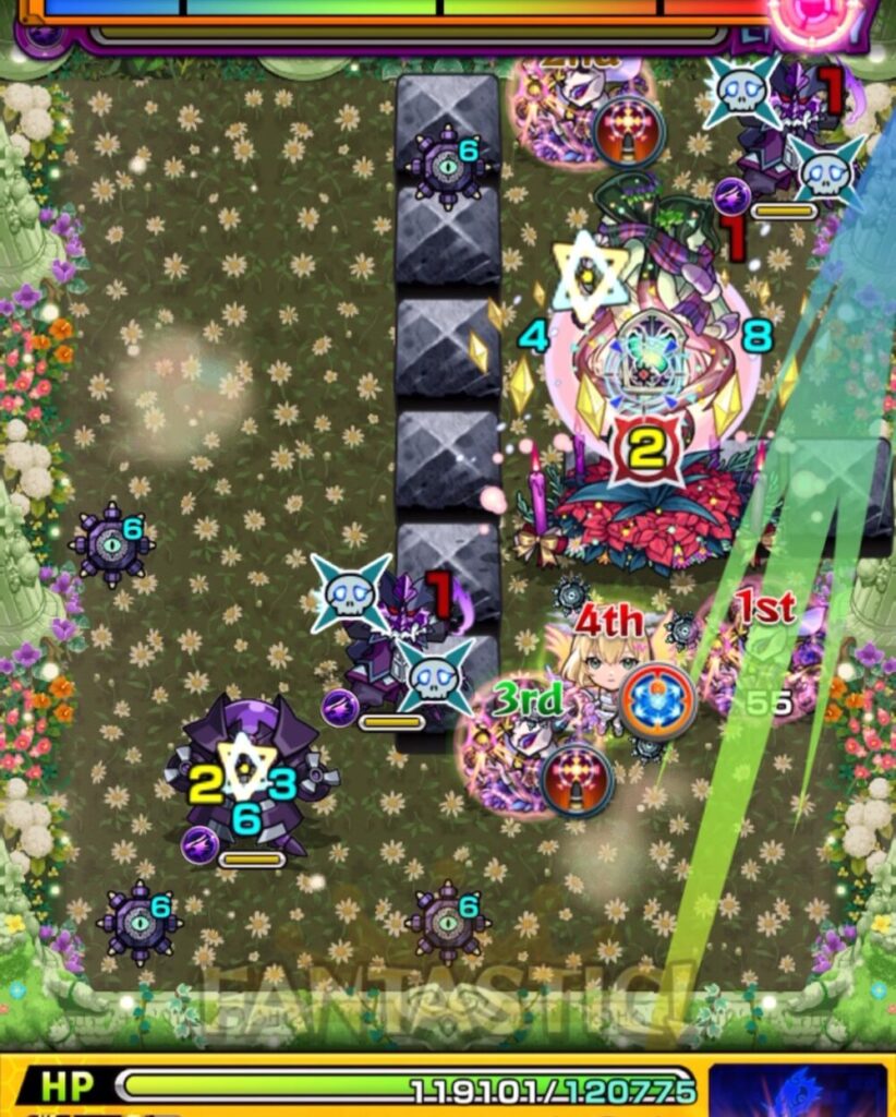 超究極・セントアモーレのステージ2で、1手目にクロスドクロ持ちの魔導士2体の処理を狙い、発動効果で中ボスが防御ダウンした場面のスクリーンショット。